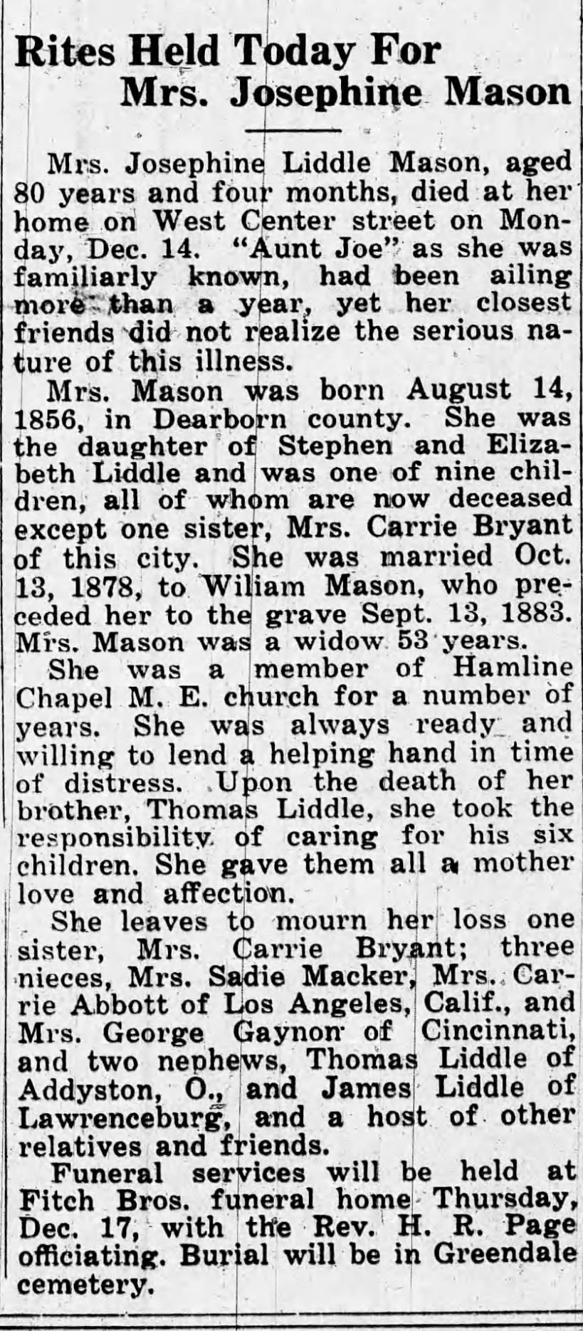 Obituary: Josephine Liddle Mason