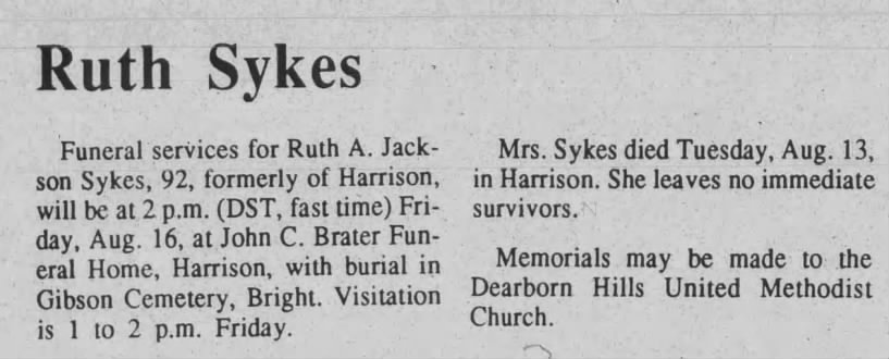 Obituary: Ruth A. Sykes nee Jackson