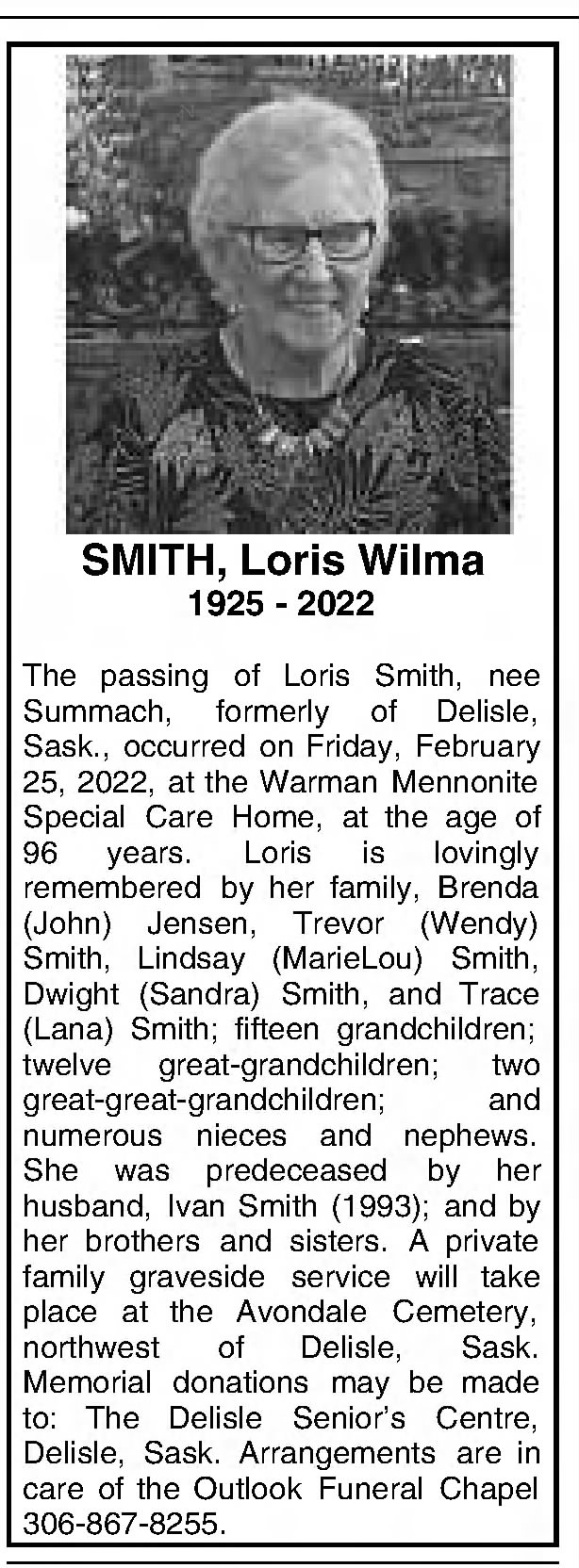 Obituary: Loris Wilma SMITH née Summach (1925-2022 (Aged 96)