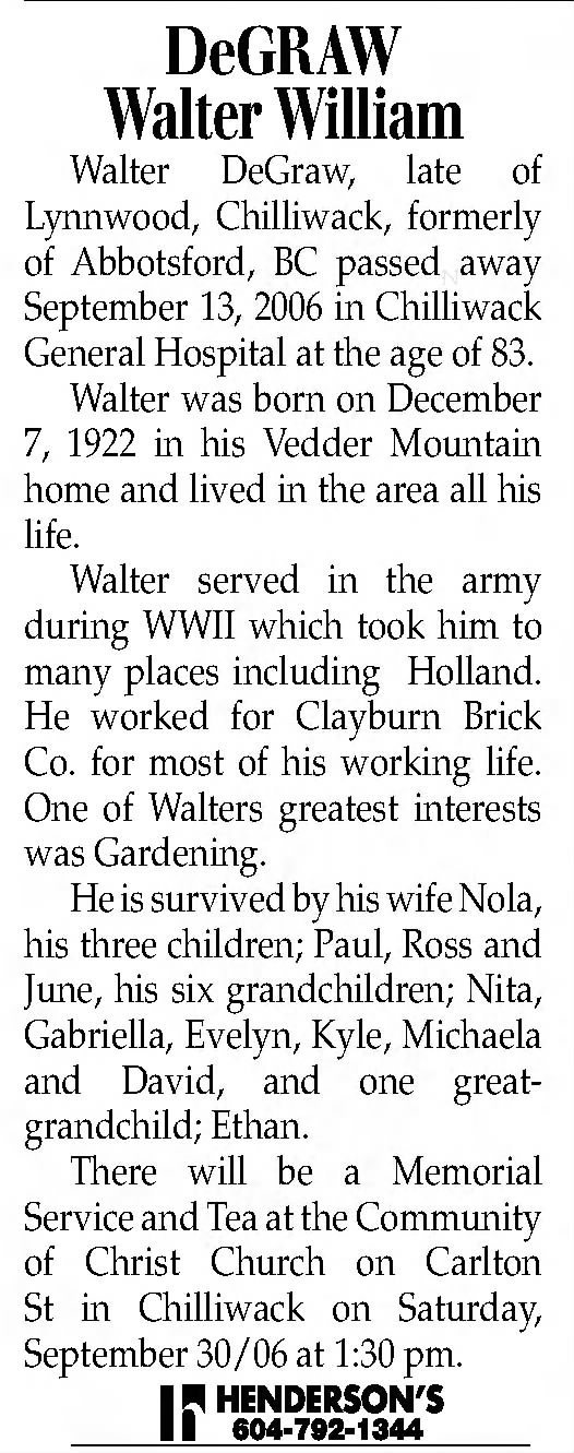 Obituary: Walter William DeGraw