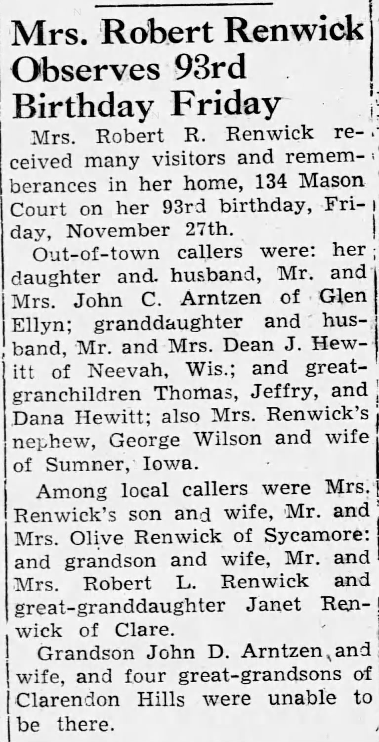 93rd Birthday: Mrs. Robert R. Renwick
