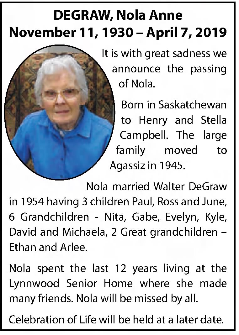 Obituary: Nola Anne DeGraw nee Campbell