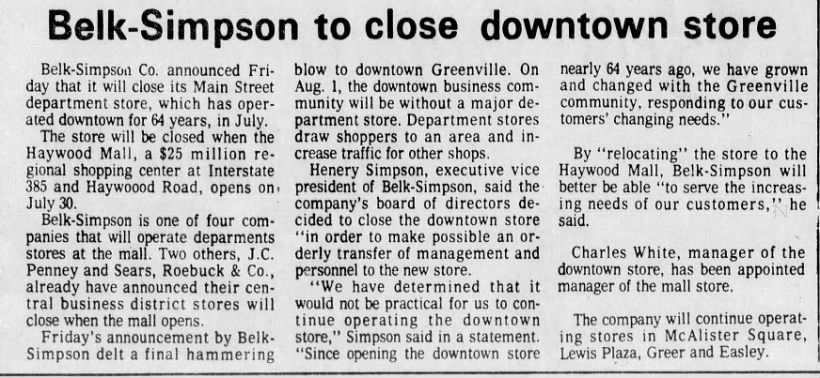 Belk-Simpson to close downtown store when Haywood opens
