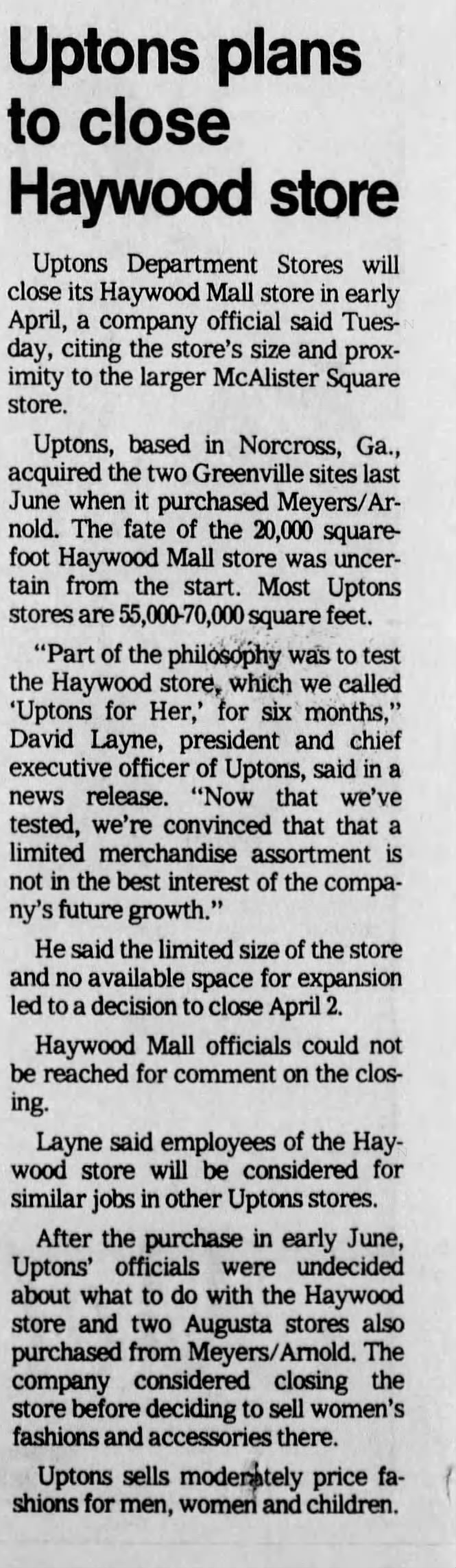Uptons closes at Haywood March 1988