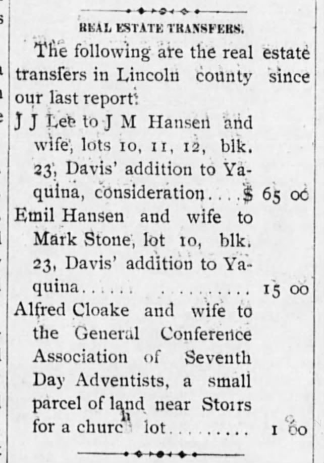 Alfred Cloake and wife donate a small parcel near Storrs for a church lot 