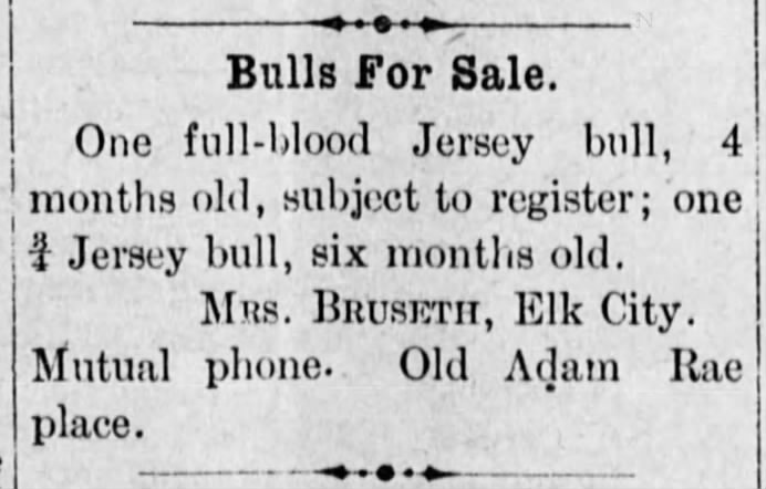 08-26-1910 
Lincoln County Leader (Toledo, OR)
Mrs. Bruseth selling bulls at Old Adam Rae place. 