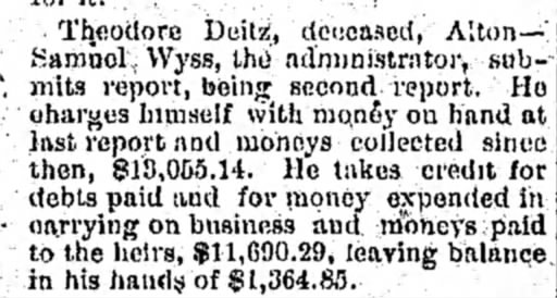 Theodore Deitz appointed Samuel Wyss as administrator, Alton Telegraph, 30 Dec 1882