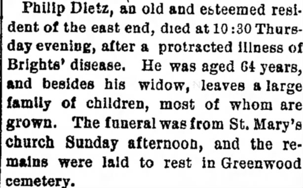 Phillip Dietz, obit article in Edwardsville Intelligencer 25 Jan 1895