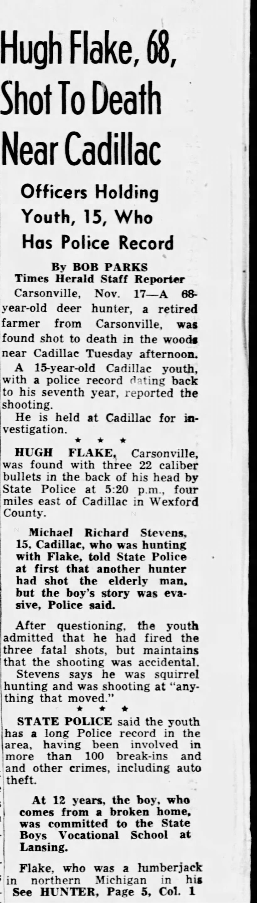 Hugh Flake - death by shooting, page 1 of article