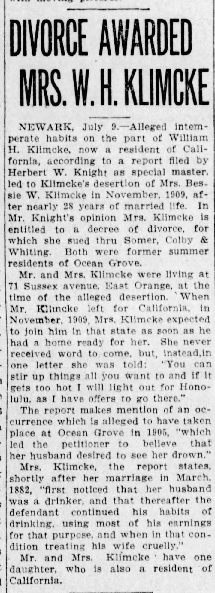 William Klimcke Divorce with details 1912