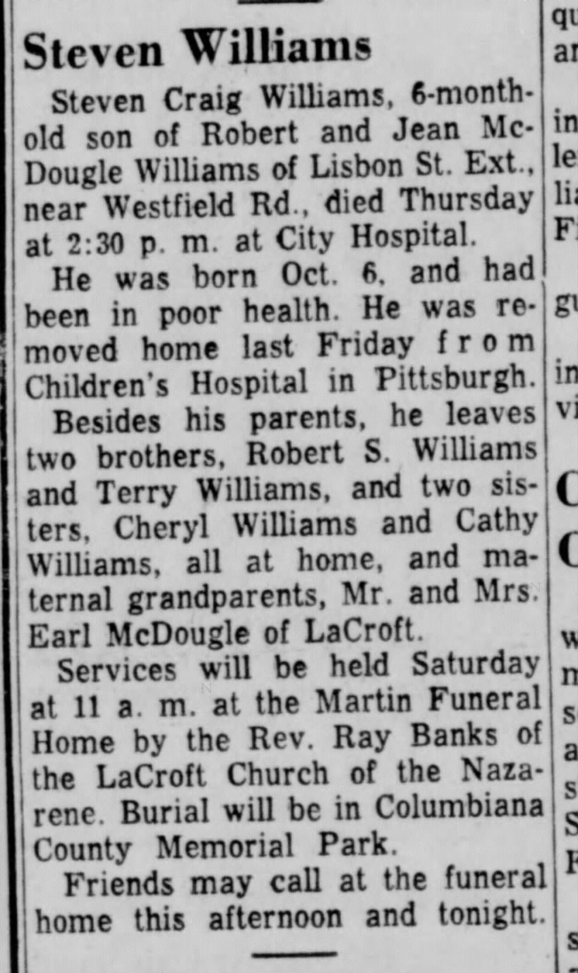 Steven Williams Obituary, THE EVENING REVIEW, 3 Apr 1959, Fri, Pg 11 (East Liverpool, OH)