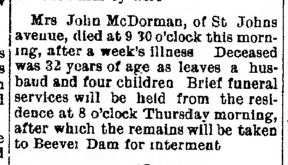 Lima, Ohio - 9 Oct 1894
John McDORMAN death