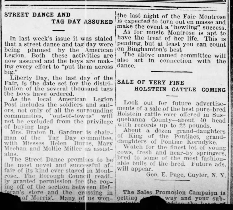 The Montrose Democrat, 04 Sep 1919  Street Dance and Tag Day