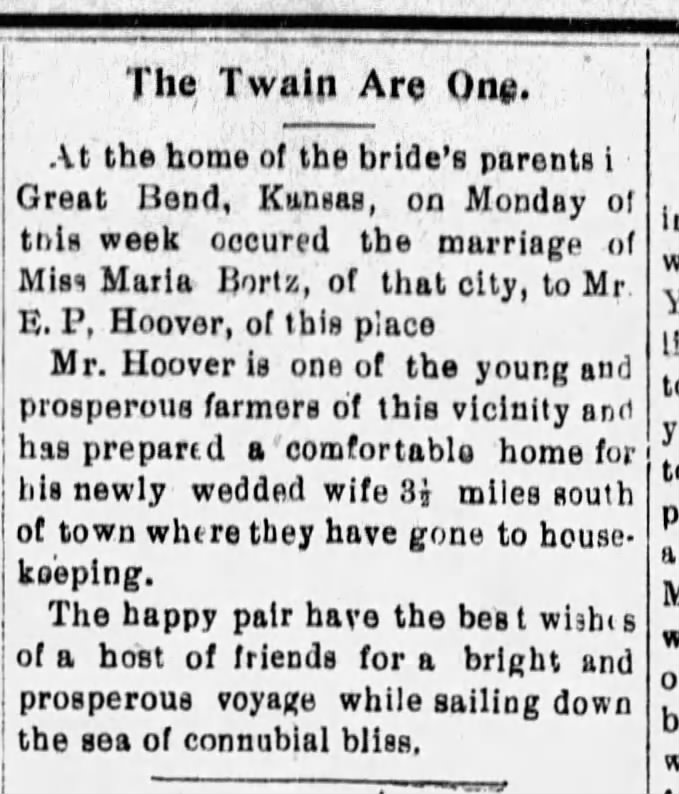 E.P. Hoover and Maria Bortz (from Great Bend) married