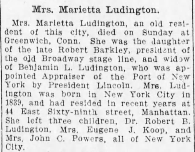 1912 Death Marietta Barkley Ludington