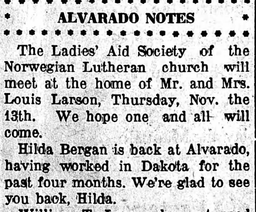 Hilda back from working in Dakota.  12 November 1913