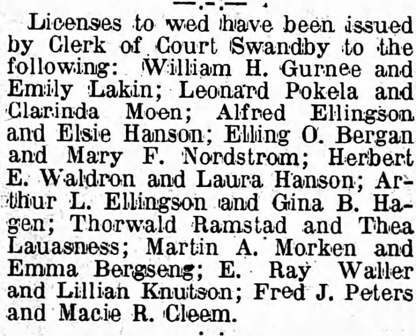 Licenses to wed for Elling O. Bergan 3 Dec. 1913    Elling age 27