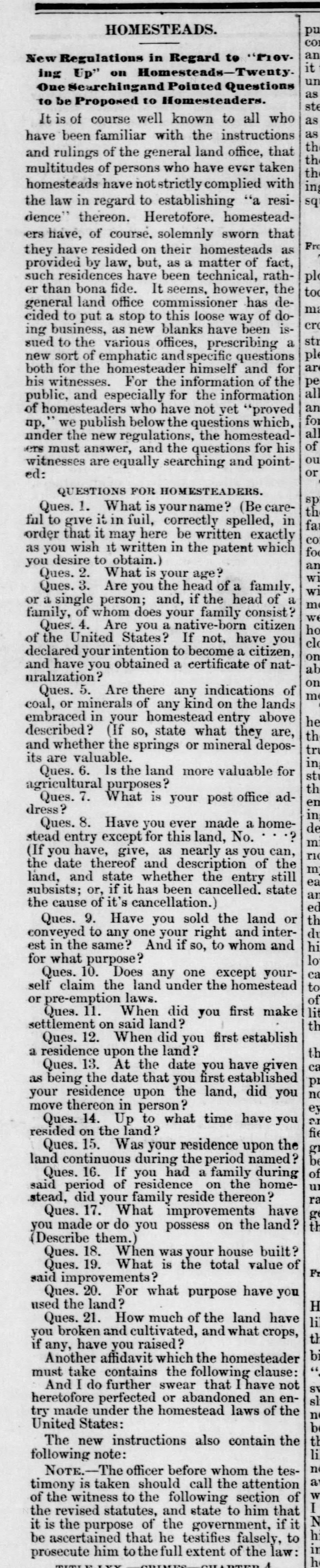 20 questions homesteaders must answer as proof of settlement, 1878