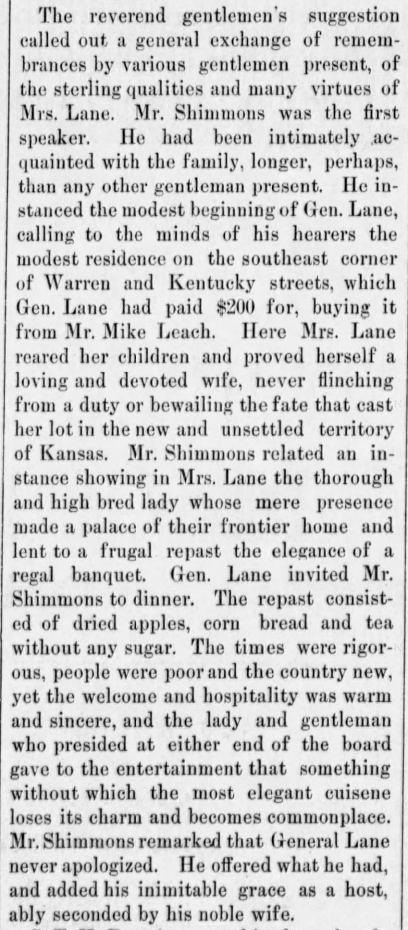 J.H. Shimmon's eulogy at the funeral for Mrs. Lane (wife of General Lane)