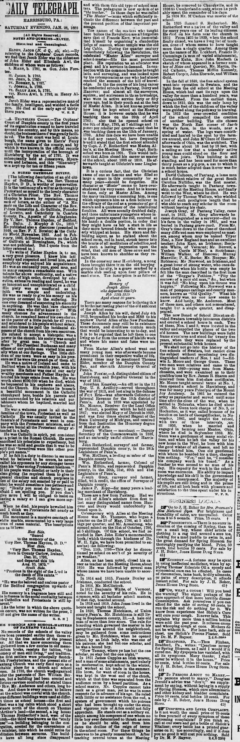 James Cupples Harrisburg Telegraph 28 January 1882