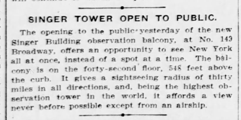 Singer Tower Open to Public