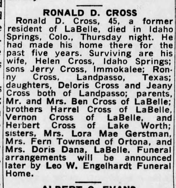Obituary Ronald D. Cross - News-Press (Fort Myers, FL) 11Mar1967