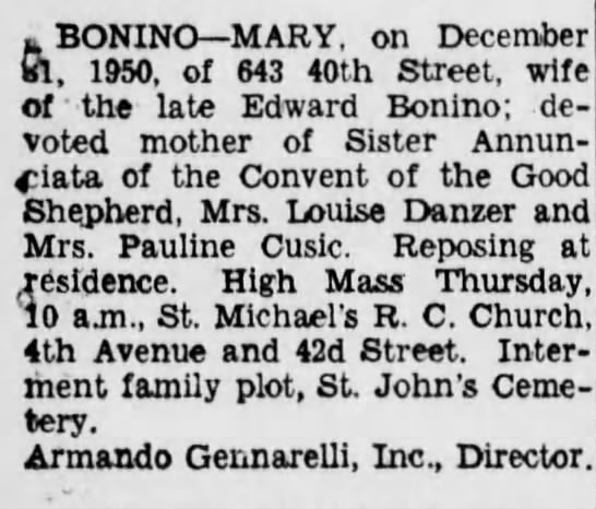 Obituary Mary Chichizola Bonino (31 Dec 1950)