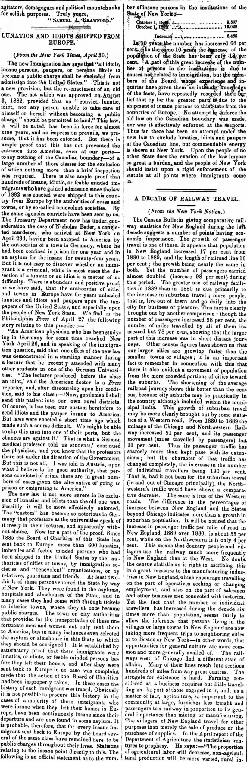 The American Settler (London) 30 May 1891
Immigration