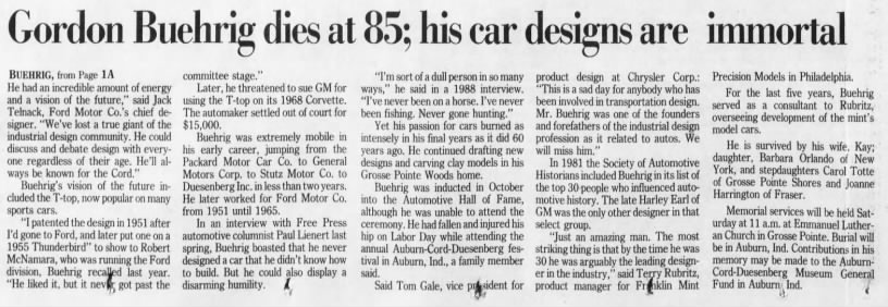 Gordon Buehrig dies at 85; his car designs are immortal; 23 Jan 1990; Detroit Free Press; 6A