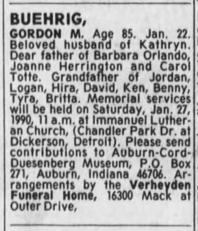 Buehrig, Gordon M.; 26 Jan 1990; Detroit Free Press; 14