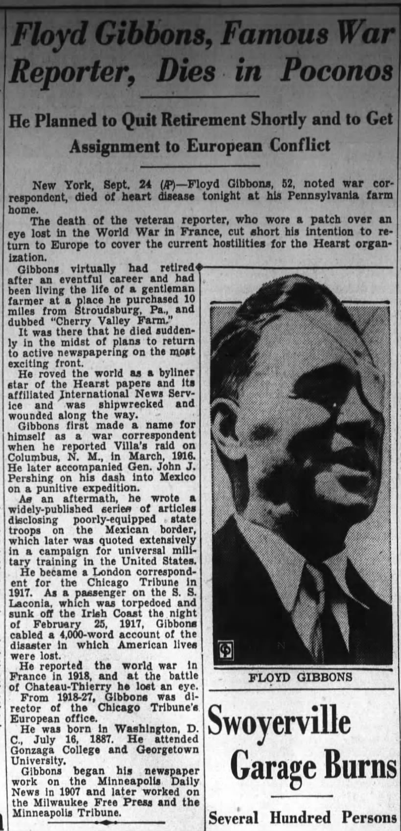 Floyd Gibbons, Famous War Reporter, Dies in Poconos; 25 Sep 1939; The Wilkes-Barre Record; 17