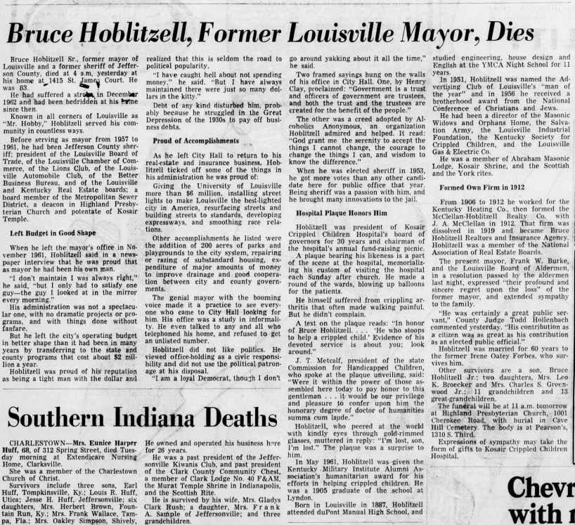 Bruce Hoblitzell, Former Louisville Mayor, Dies; 12 Aug 1970; The Courier-Journal; 3