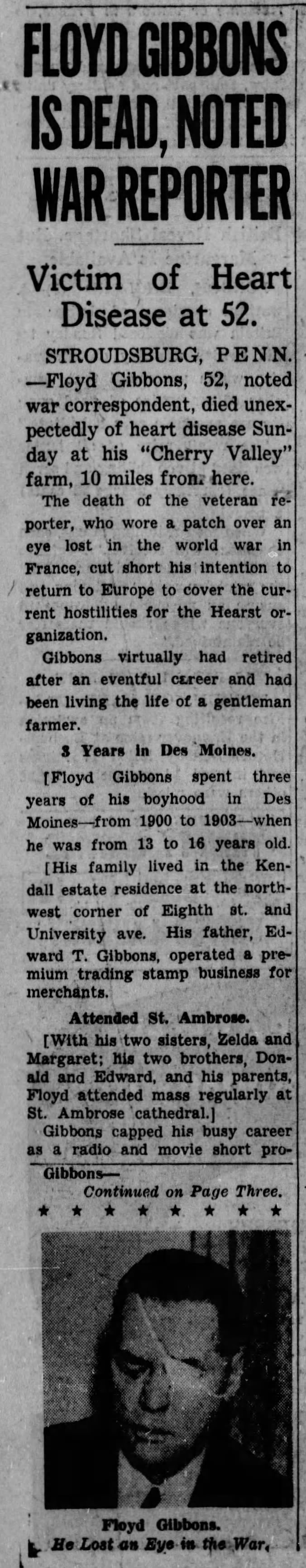 Floyd Gibbons Is Dead, Noted War Reporter; 25 Sep 1939; The Des Moines Register; 1