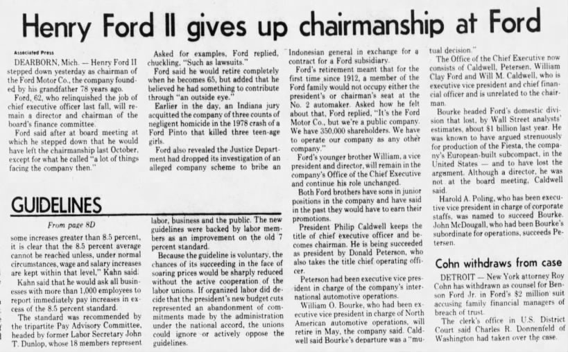 Henry Ford II gives up chairmanship at Ford; 14 Mar 1980; Democrat and Chronicle