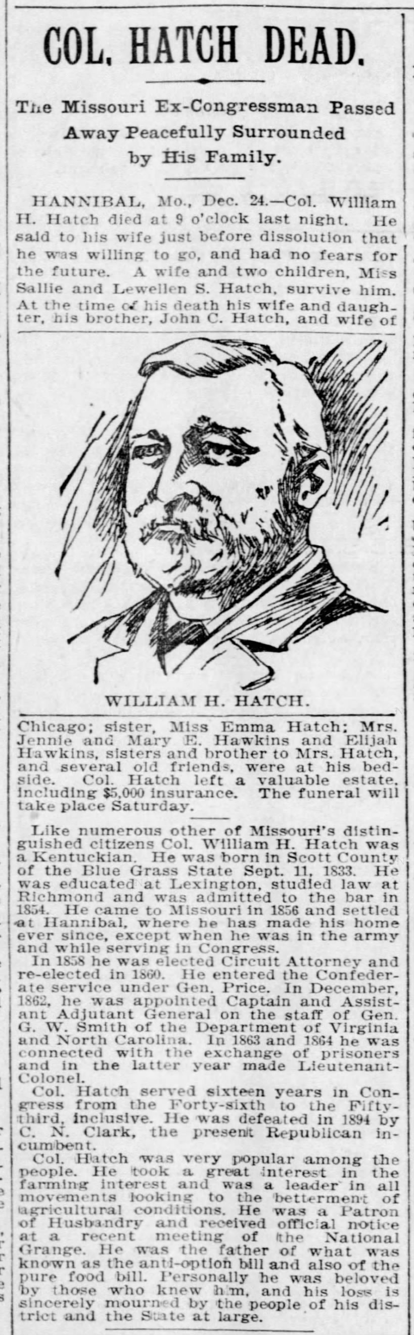 Col. Hatch Dead; 24 Dec 1896; St. Louis Post-Dispatch; 3
