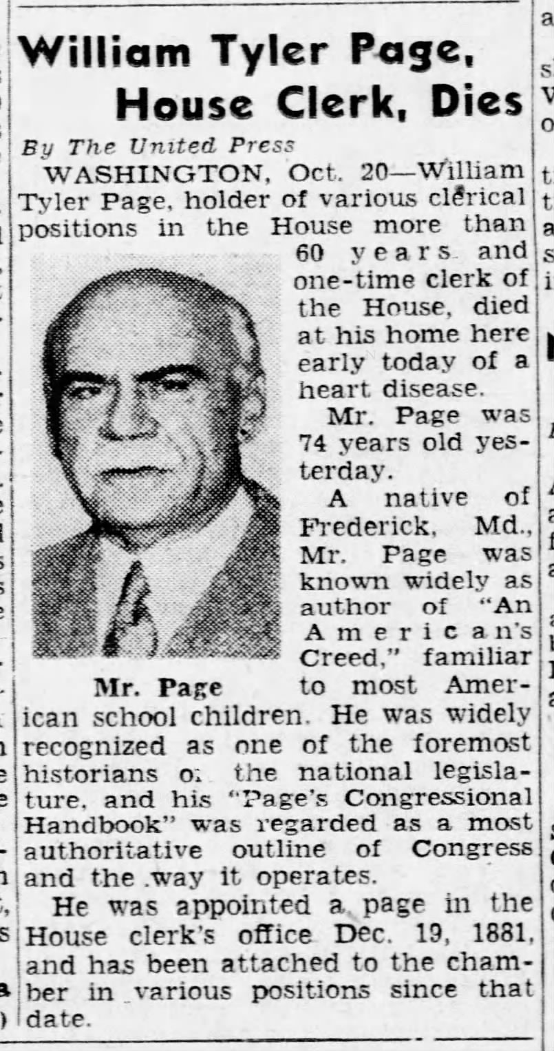 William Tyler Page, House Clerk, Dies; 20 Oct 1942; The Pittsburgh Press; 1