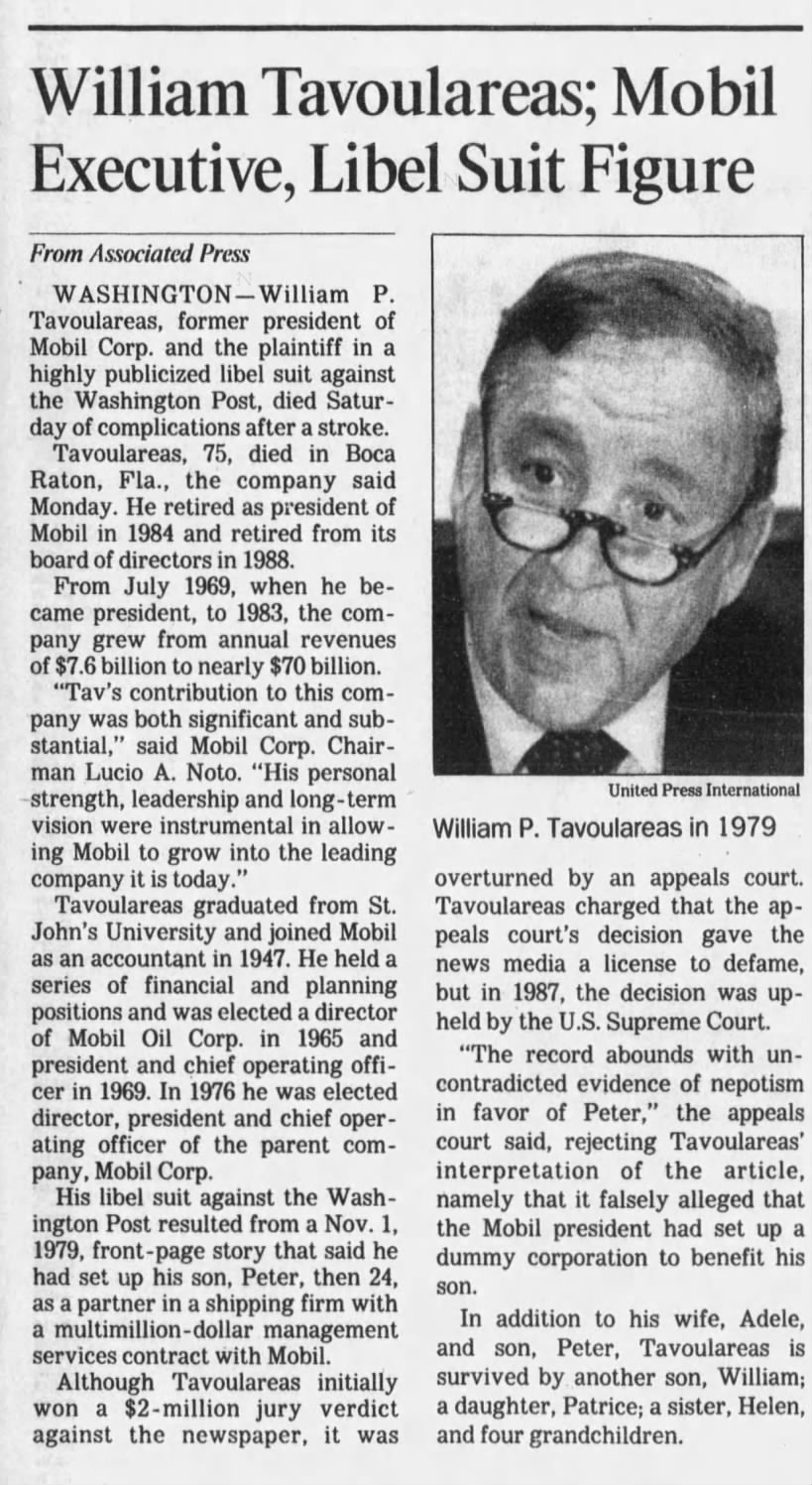 William Tavoulareas; Mobil Executive, Libel Suit Figure; 17 Jan 1996; The Los Angeles Times