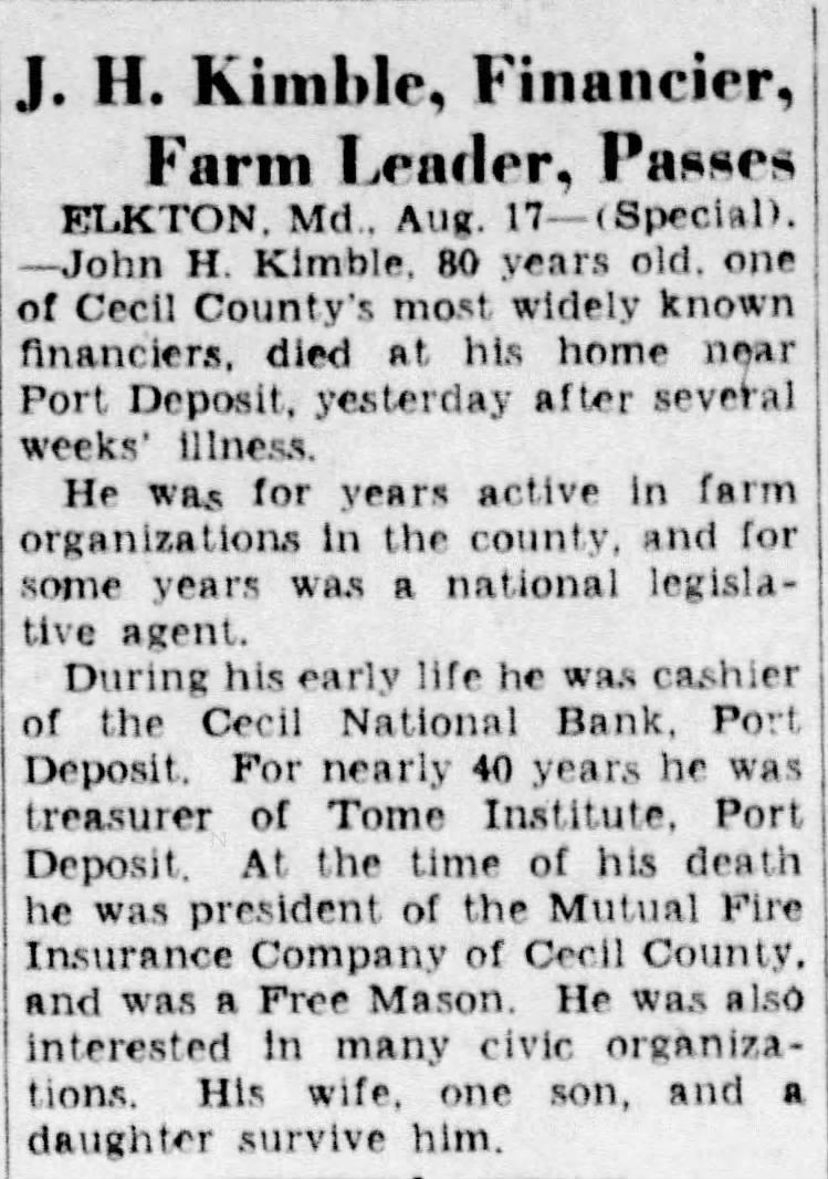 J. H. Kimble, Financier, Farm Leader, Passes; 17 Aug 1938; Journal-Every Evening; 15