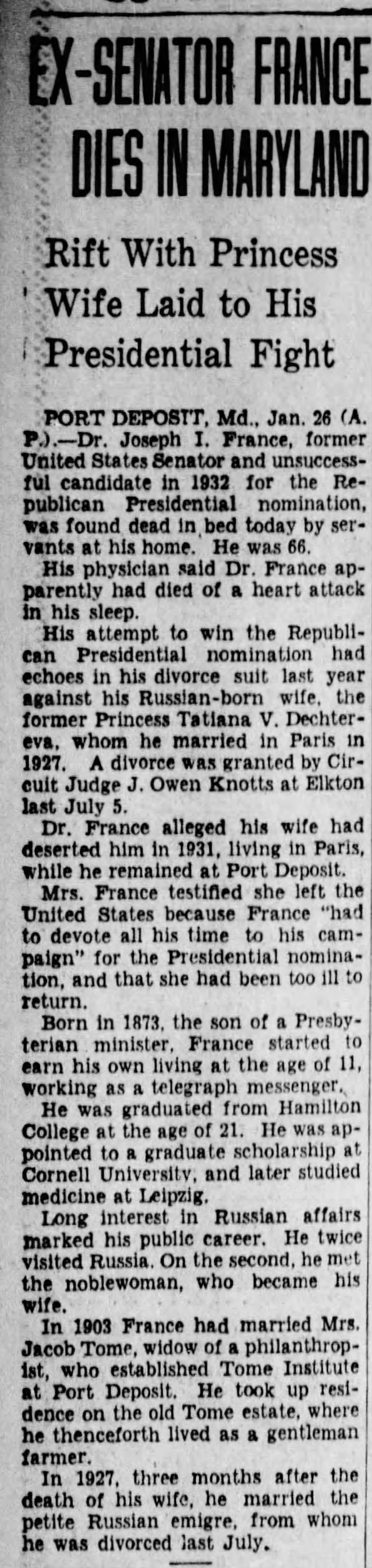 Ex-Senator France Dies in Maryland; 27 Jan 1939; The Philadelphia Inquirer; 30