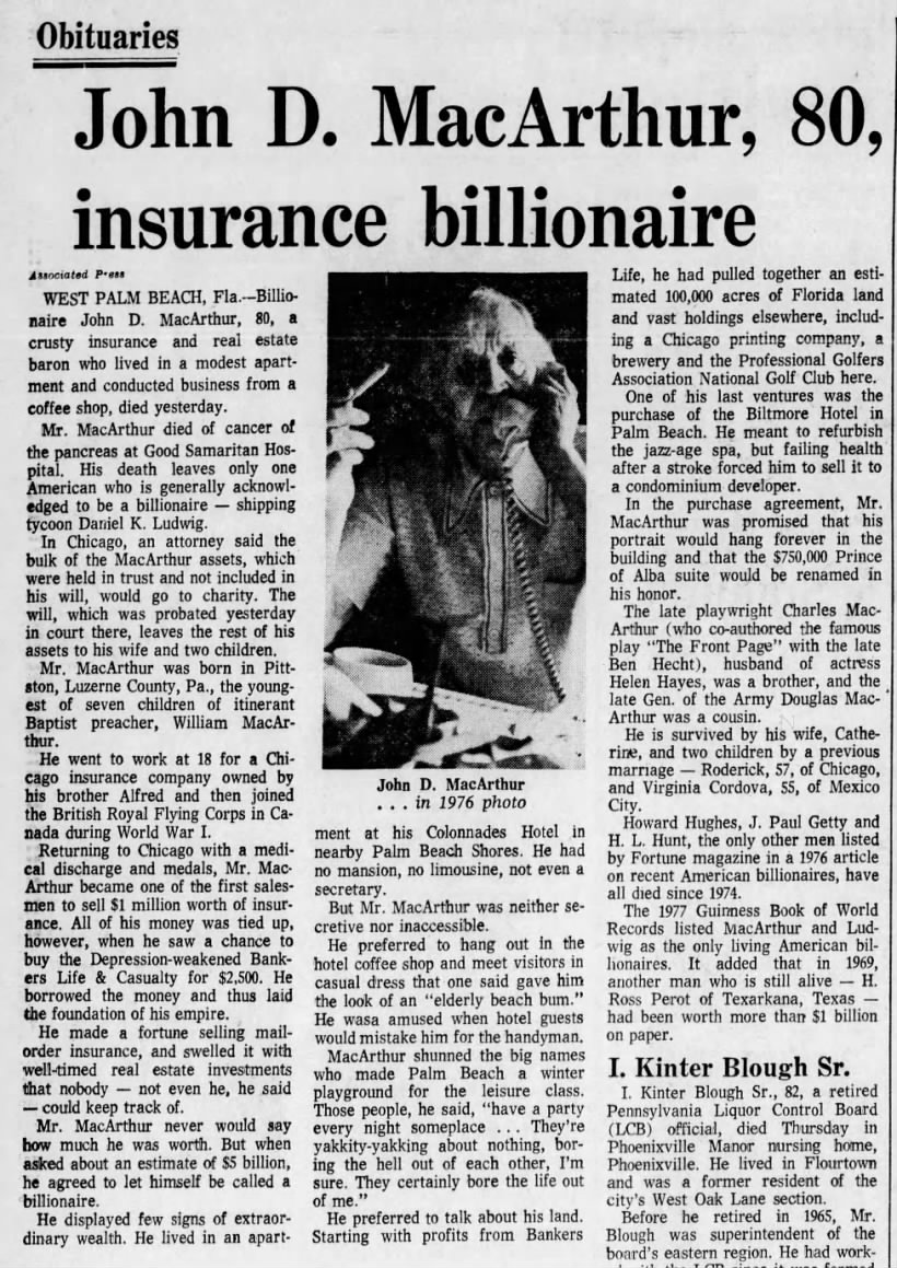 John D. MacArthur, 80, insurance billionaire; 7 Jan 1978; The Philadelphia Inquirer; 3-B