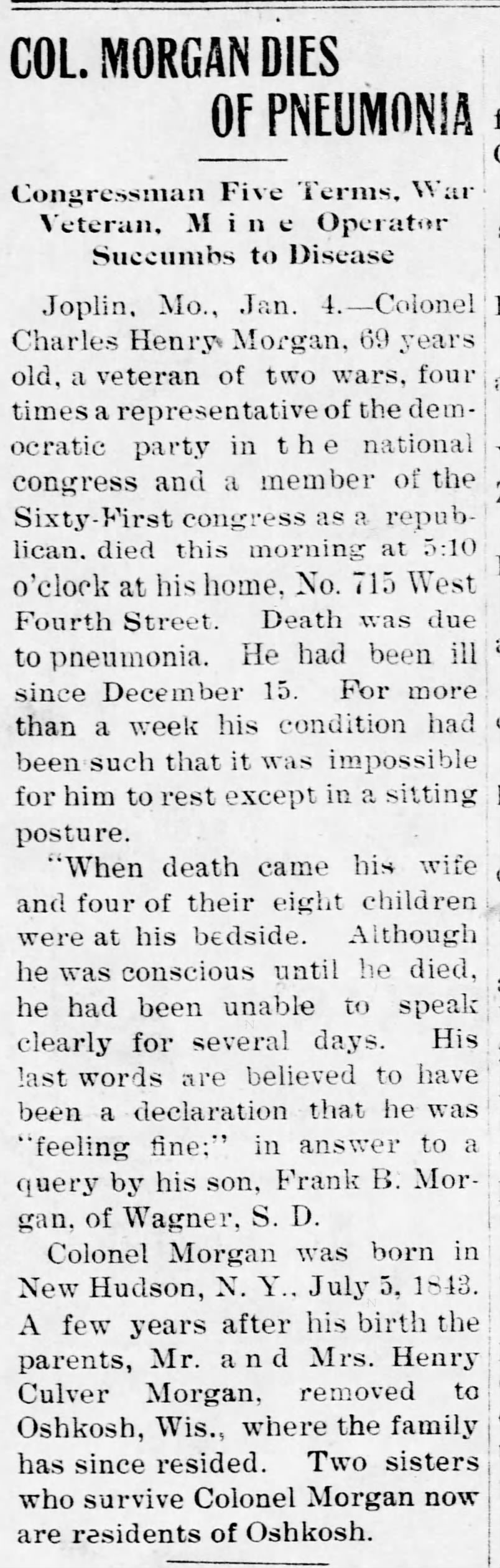 Col. Morgan Dies of Pneumonia; 5 Jan 1912; The Monett Times; 1