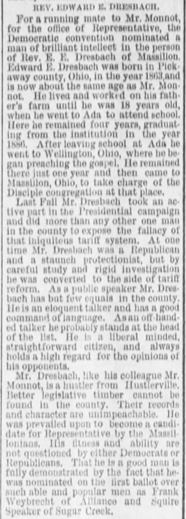 Rev. Edward E. Dresbach; 4 Jul 1889; The Stark County Democrat; 2