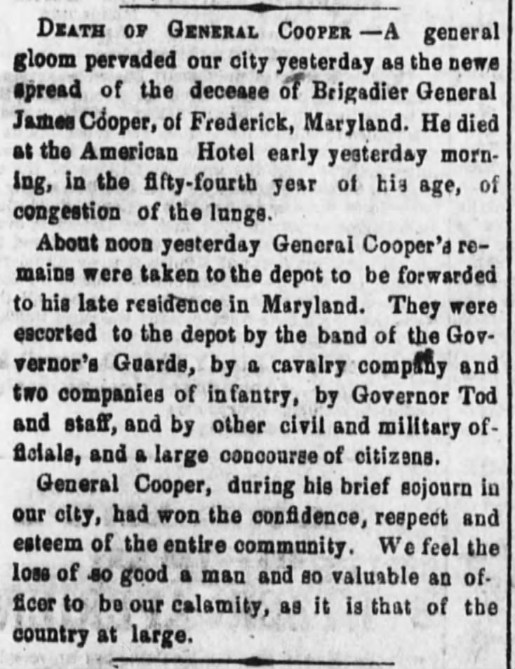 Death of General Cooper; 29 Mar 1863; The Ohio Statesman; 3