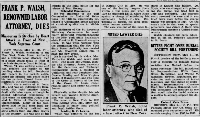 Frank P. Walsh, Renowned Labor Attorney, Dies; 2 May 1939; The St. Louis Star-Times; 3