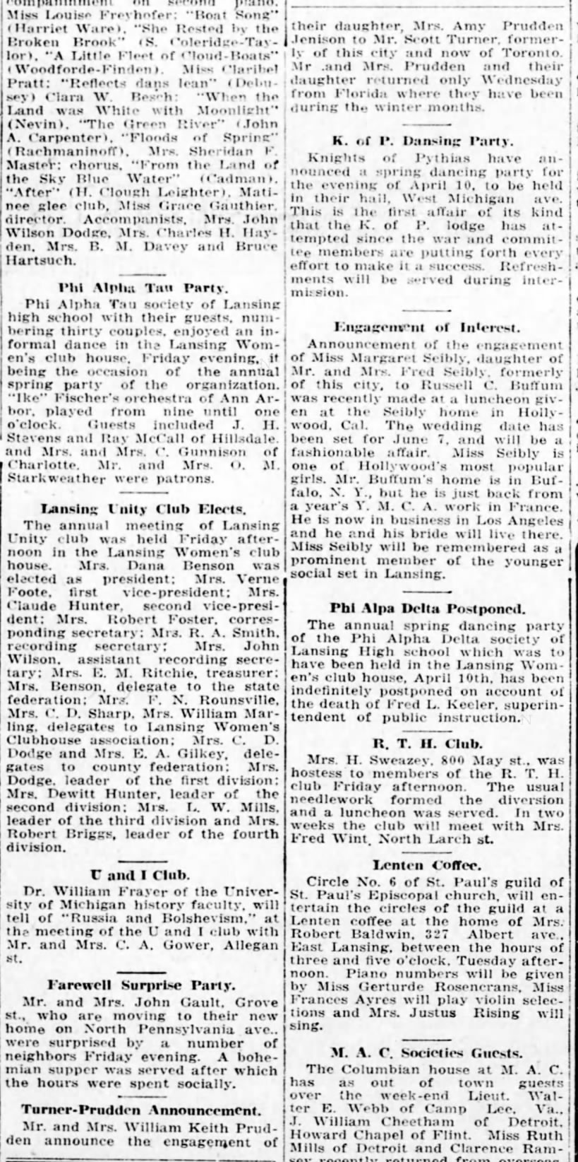 Turner-Prudden Announcement;5 Apr 1919; Lansing State Journal; 5