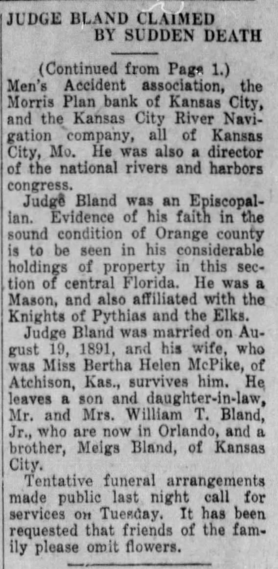 Judge Bland Claimed by Sudden Death; 16 Jan 1928; The Orlando Sentinel; 4