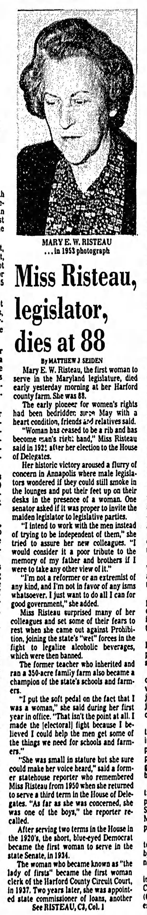 Miss Risteau, legislator, dies at 88; 25 Jul 1978; The Baltimore Sun; C1