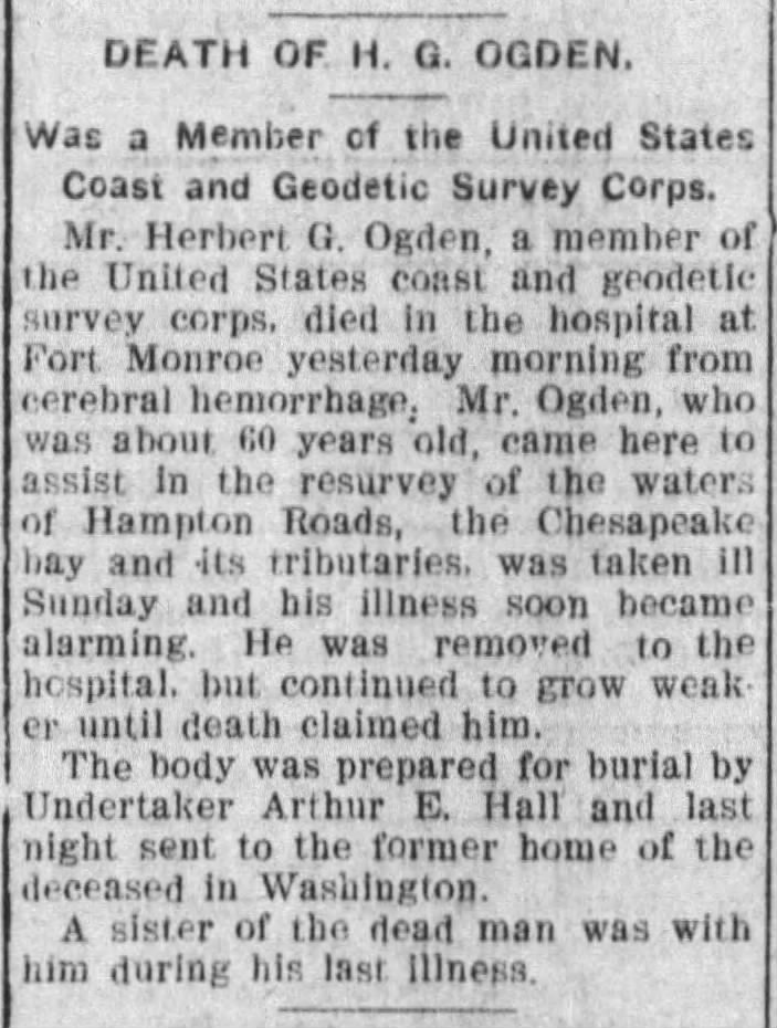 Death of H. G. Ogden; 27 Feb 1906; Daily Press; 5
