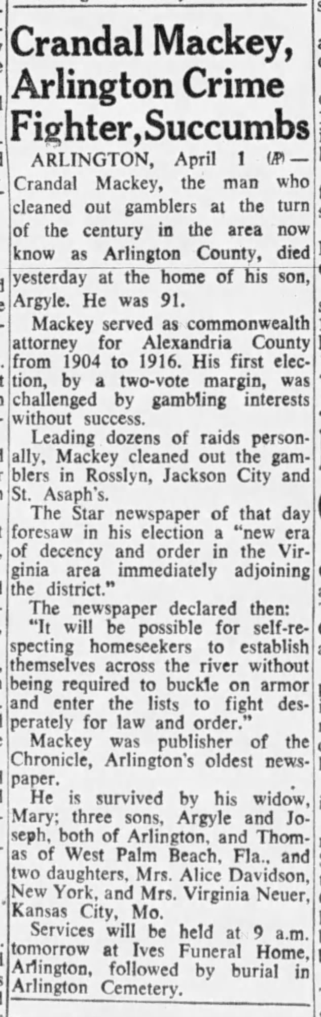 Crandal Mackey, Arlington Crime Fighter, Succumbs; 2 Apr 1957; Daily Press; 20