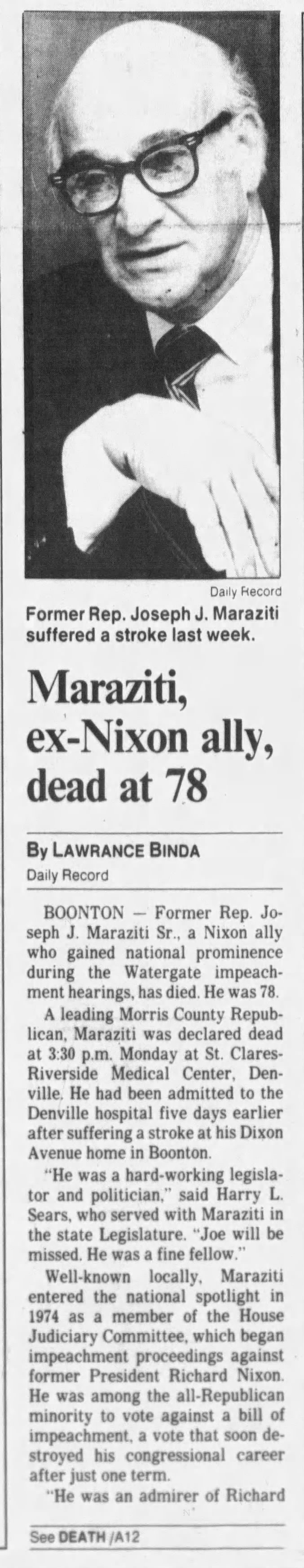 Maraziti, ex-Nixon ally, dead at 78; 22 May 1991; Daily Record; 1